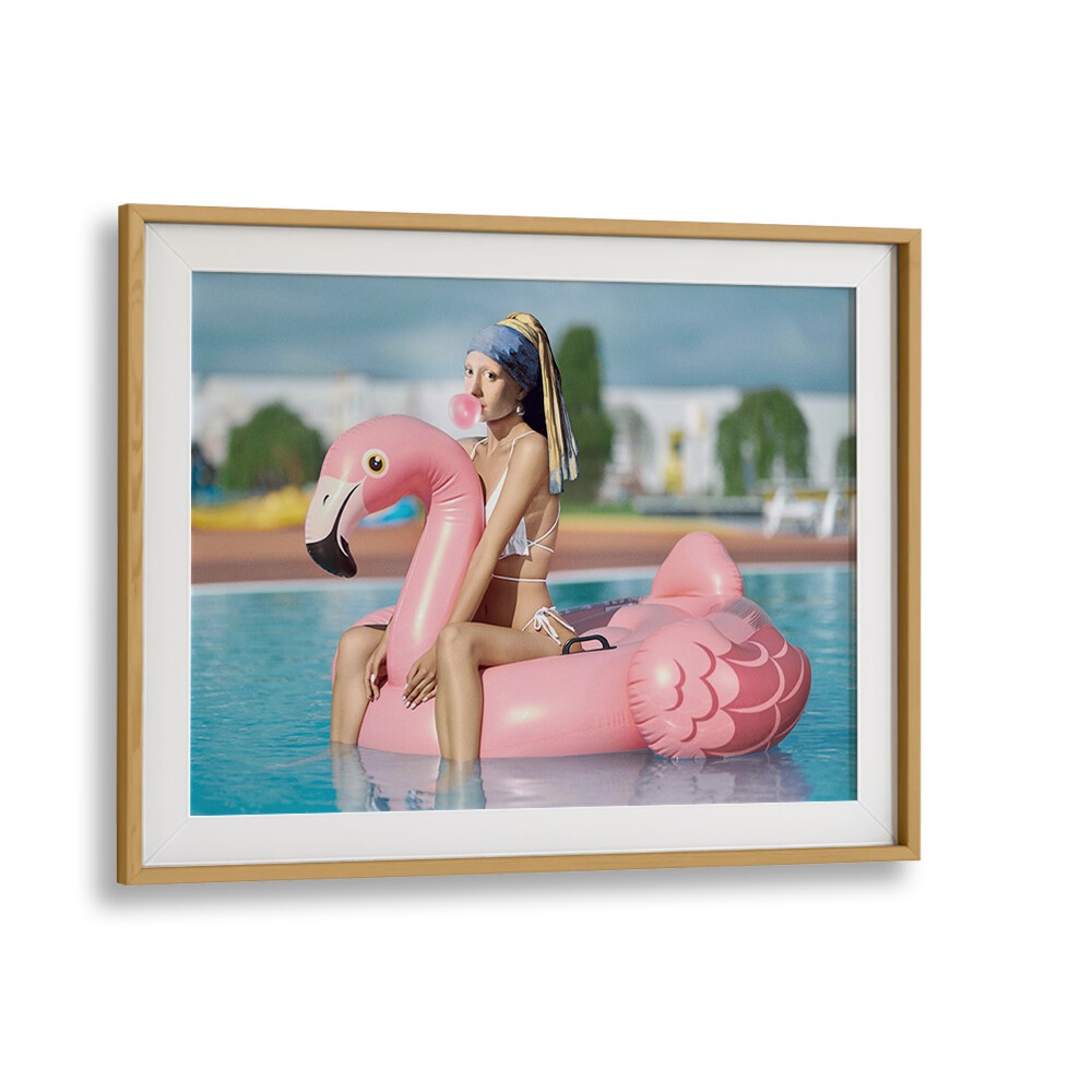 SEXY PEARL, ALTERED ART PRINTS by DIKHOTOMY showcases a chic woman on a flamingo float, perfect for vibrant decor.