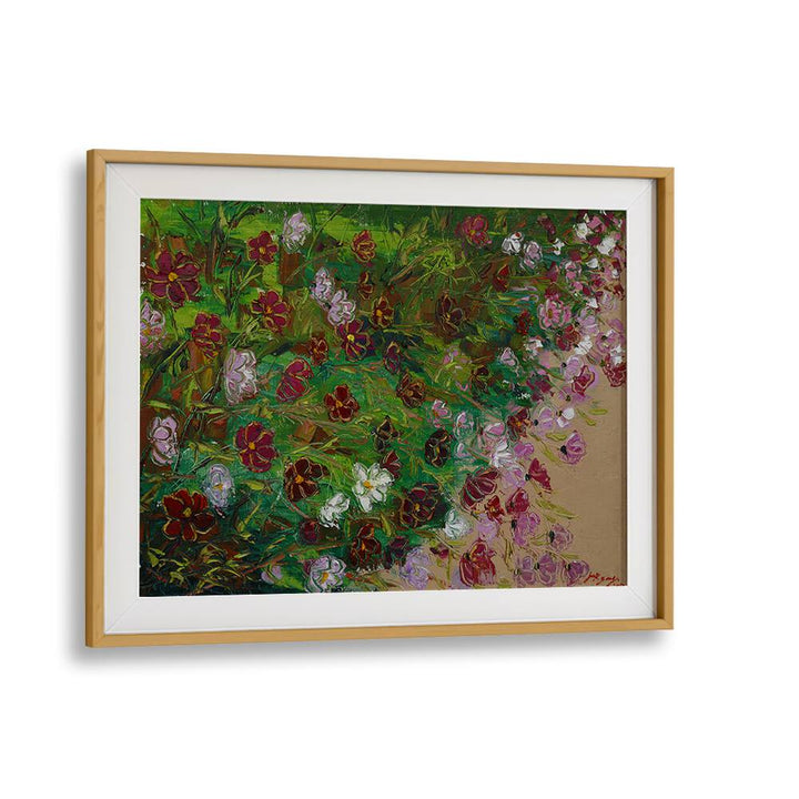 Vibrant COSMOS CANVAS, FLORAL FLOWER PAINTINGS showcasing lush blooms in a decorative frame for elegant decor.