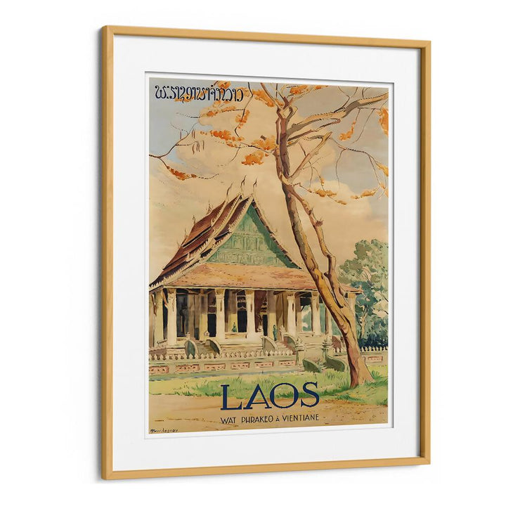 Framed LAOS I, VINTAGE TRAVEL POSTERS showcasing Wat Phra Keo, perfect for travel enthusiasts and unique home decor.