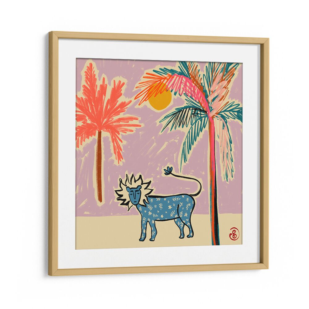 Colorful LEO III, ZODIAC poster featuring a lion amid tropical plants, perfect for astrology lovers' decor.