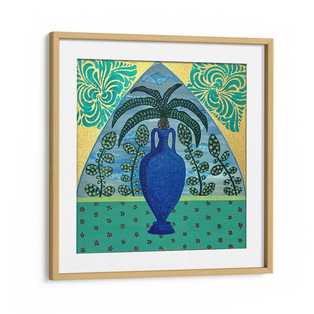 Vibrant PALM TREE, FLORAL FLOWER PAINTINGS in blue vase, perfect for tropical home decor. Elevate your space today!
