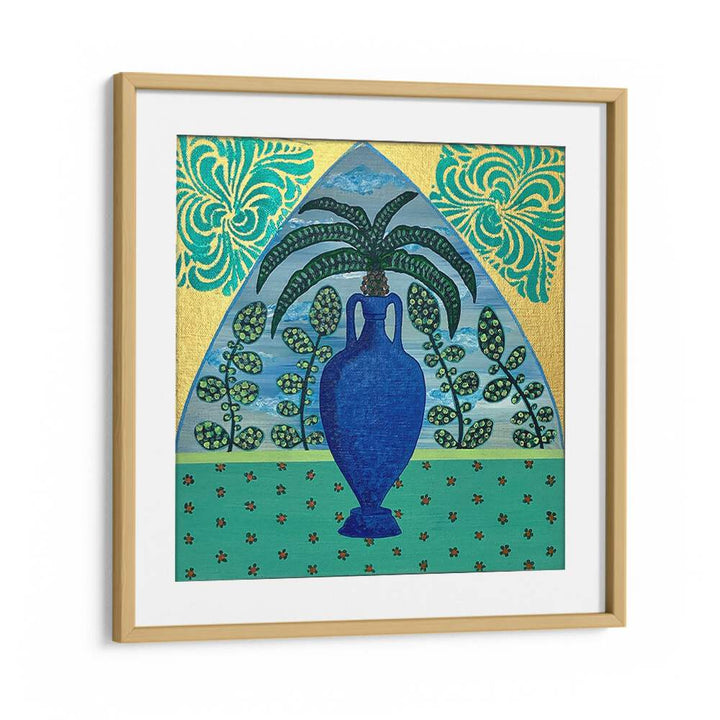 Vibrant PALM TREE, FLORAL FLOWER PAINTINGS in blue vase, perfect for tropical home decor. Elevate your space today!