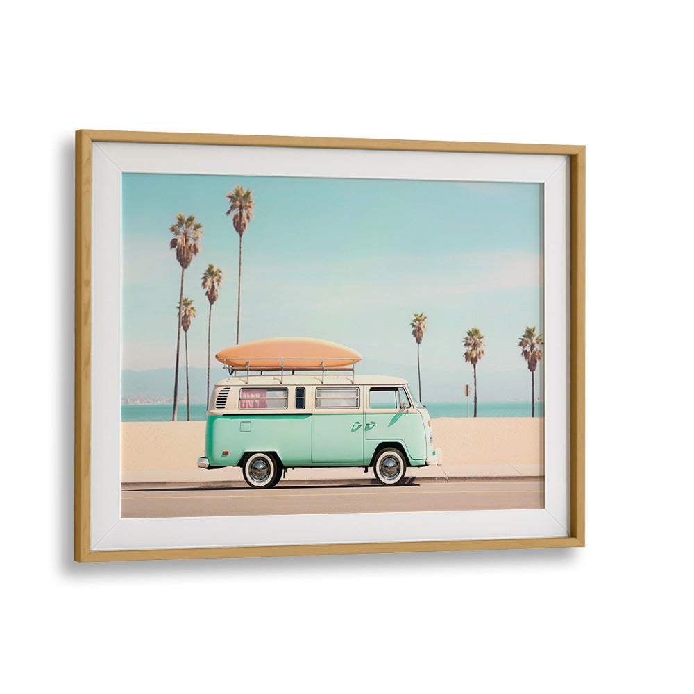 Stylish PACIFIC VAN car posters featuring a vintage van by the beach, perfect for adventure lovers.