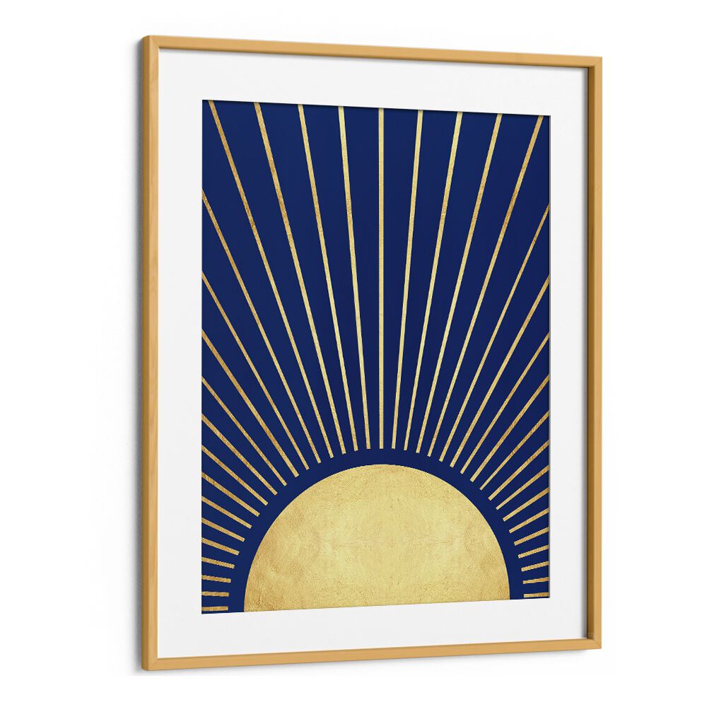 Elegant SUN RAYS I, GEOMETRIC ART PRINTS showcasing golden rays on a deep blue background, perfect for home decor.