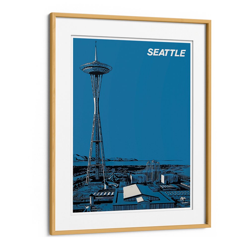 Framed SEATTLE, VINTAGE TRAVEL POSTERS showcase the iconic Space Needle against a striking blue backdrop.