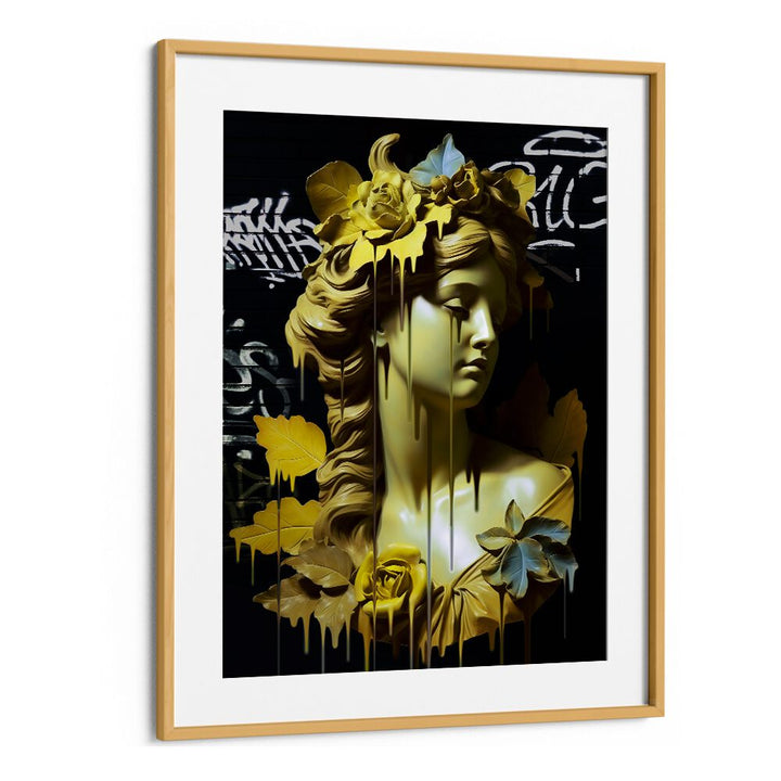 VANDAL HELENA, ALTERED ART PRINTS by DIKHOTOMY features a striking gold sculpture with vibrant floral elements.