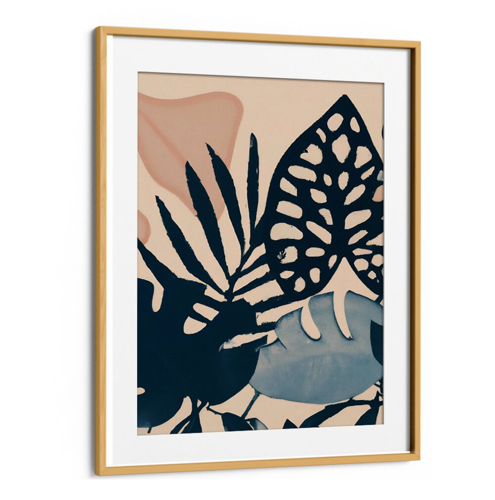 POWDER PINK LEAVES , FLORAL FLOWER PAINTINGS with delicate petals and bold leaves framed by Oakwood Mount.