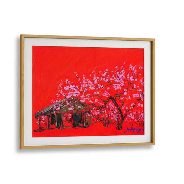 Vibrant PEACH BLOSSOM CANVAS, FLORAL FLOWER PAINTINGS showcasing pink blossoms against a bold red background.