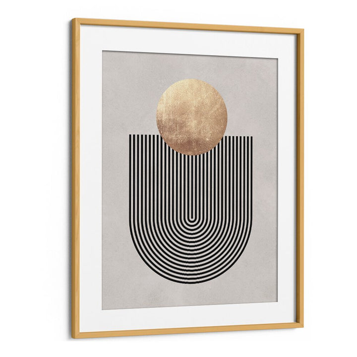 Framed LINES AND CIRCLES XXI, GEOMETRIC ART PRINTS showcasing dynamic black lines and a gold circle, perfect for modern decor.