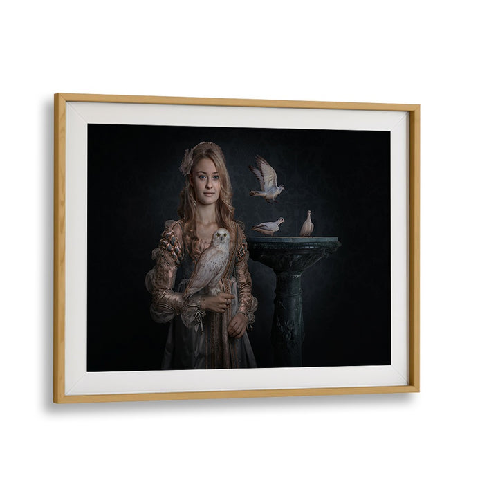 Elegant PRINCESS BIRDS, PHOTOGRAPHY PRINTS showcase a whimsical scene with a woman and enchanting birds.