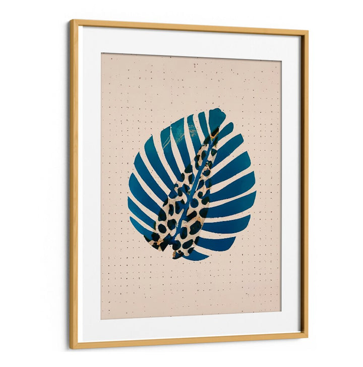 LEOPALM , FLORAL FLOWER PAINTINGS featuring a modern blue leaf design with leopard print accents in a wooden frame