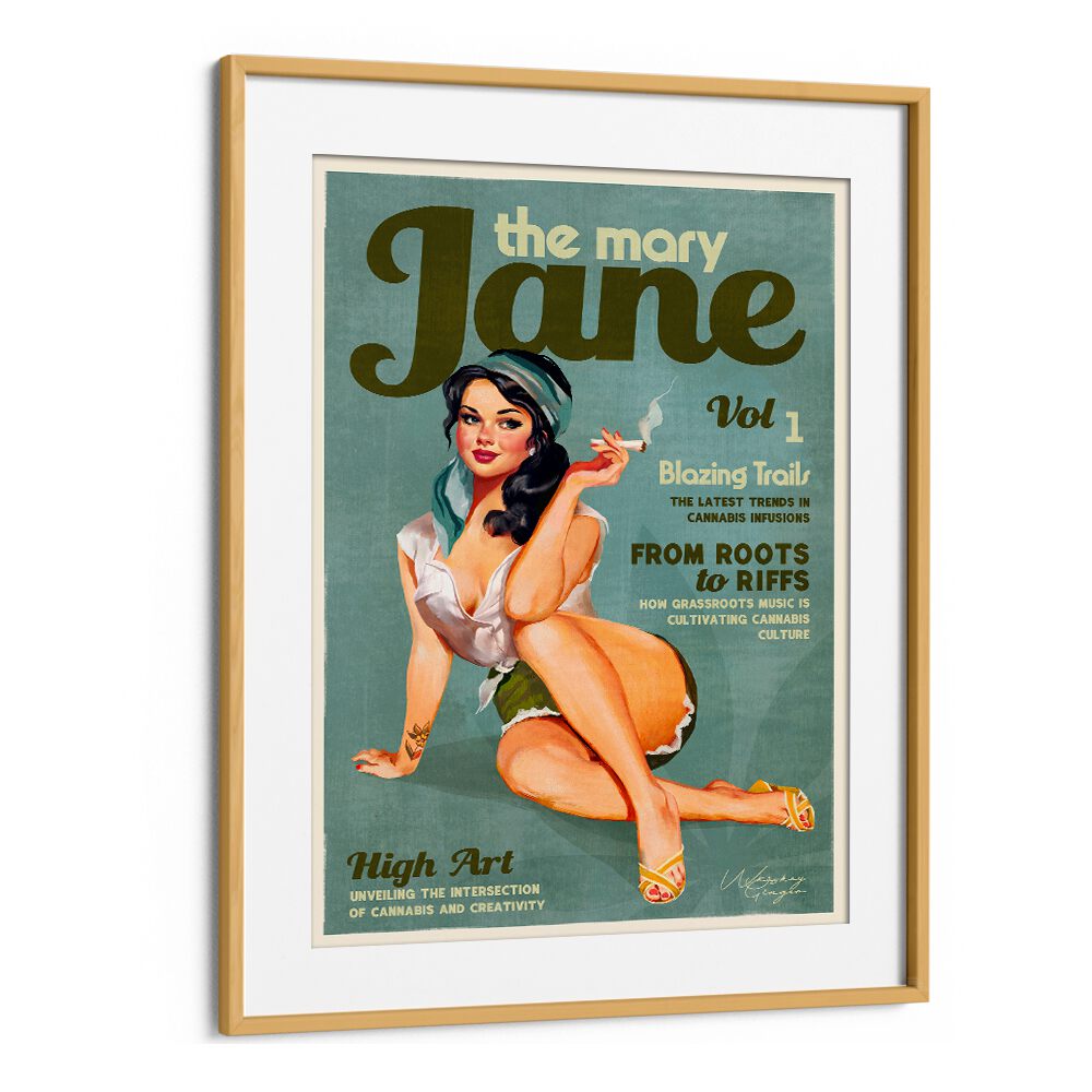 Celebrate nostalgia with MARY JANE RETRO, PORTRAITS featuring vibrant pinup cannabis art in elegant framing.