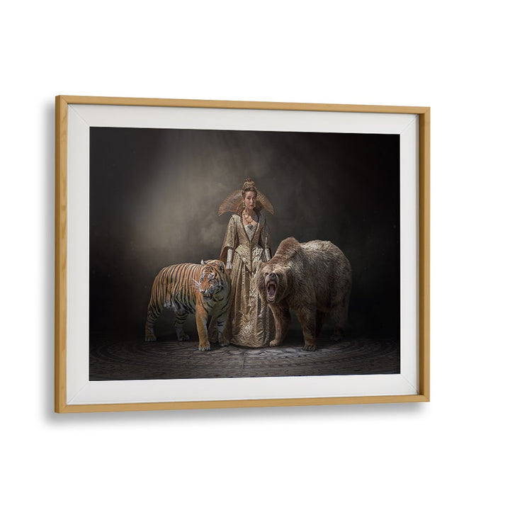 Surreal PRINCESS BEASTS, PHOTOGRAPHY PRINTS featuring a regal figure with a tiger and bear in a fantasy setting.