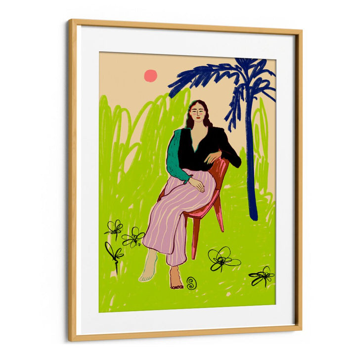 Vibrant art print of a relaxed woman, adding color and positivity to your space with OAKWOODMOUNT's unique style.