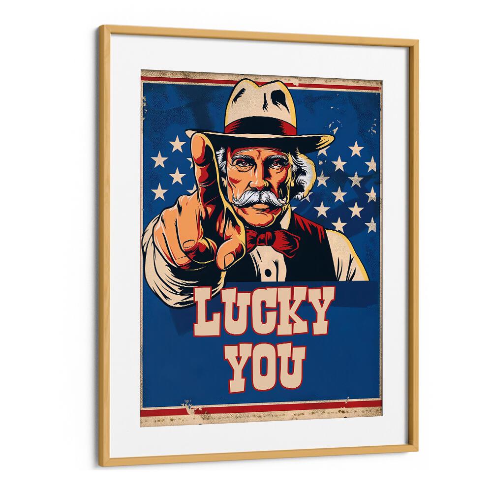 Colorful poster featuring "LUCKY YOU, COWBOY," a striking design that inspires positivity and Americana style.