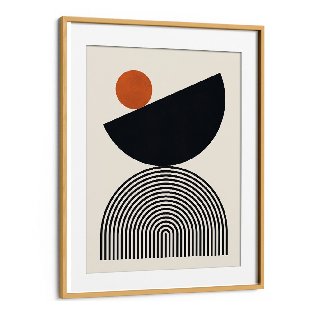 Geometric black and orange design in LINES AND CIRCLES XXVII, BOHO ART PAINTINGS, perfect for modern decor.