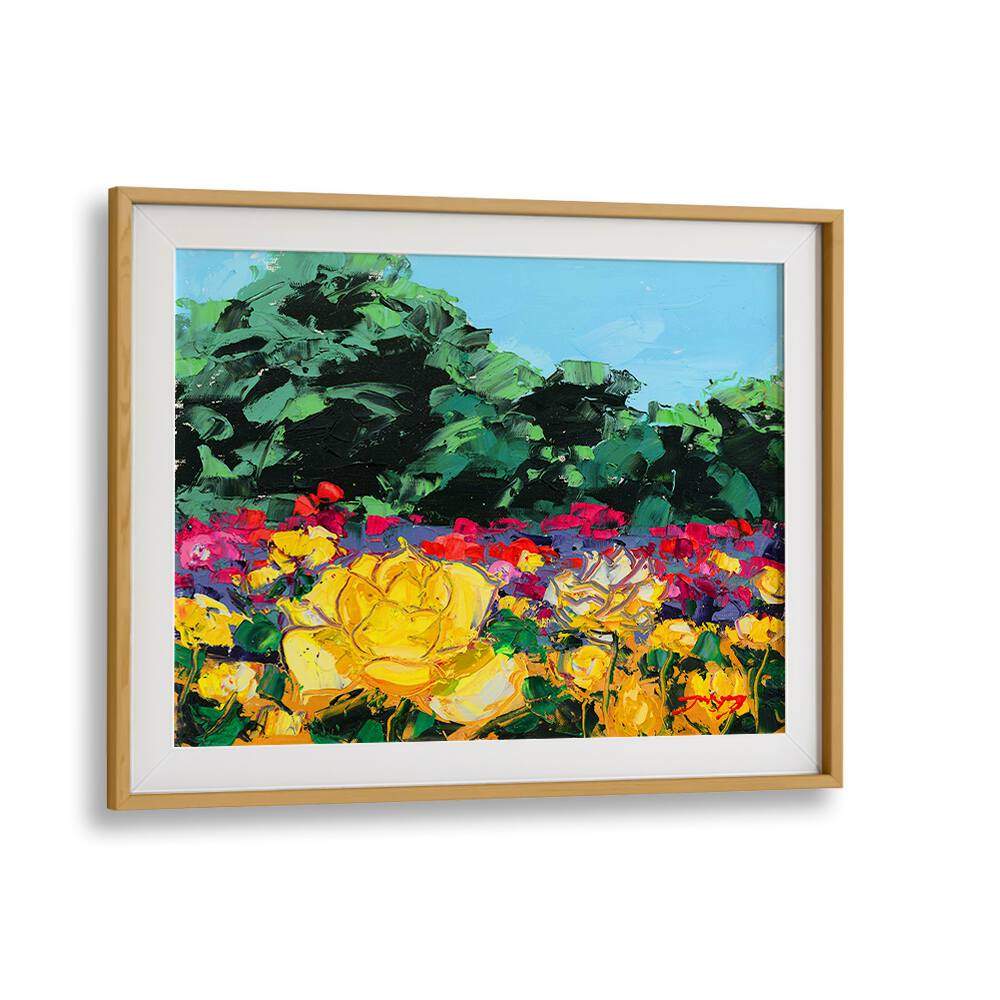 Vibrant WILD ROSE CANVAS, FLORAL FLOWER PAINTINGS showcase stunning yellow roses in a colorful garden setting.