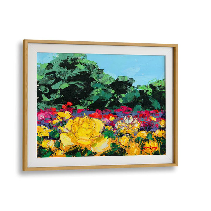 Vibrant WILD ROSE CANVAS, FLORAL FLOWER PAINTINGS showcase stunning yellow roses in a colorful garden setting.