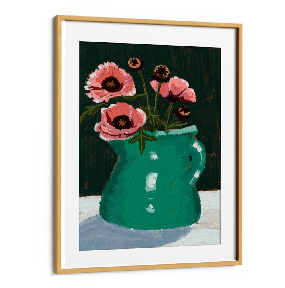 Vibrant LITTLE GREEN JUG WITH POPPIES, FLORAL FLOWER PAINTINGS showcasing pink poppies against a dark background.