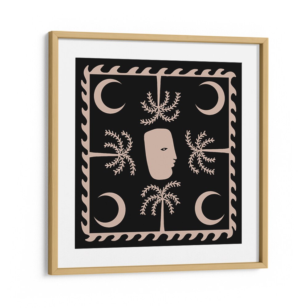 CELESTIAL I, BOHO ART PAINTINGS features elegant design with a unique face and moon motifs, perfect for modern decor.