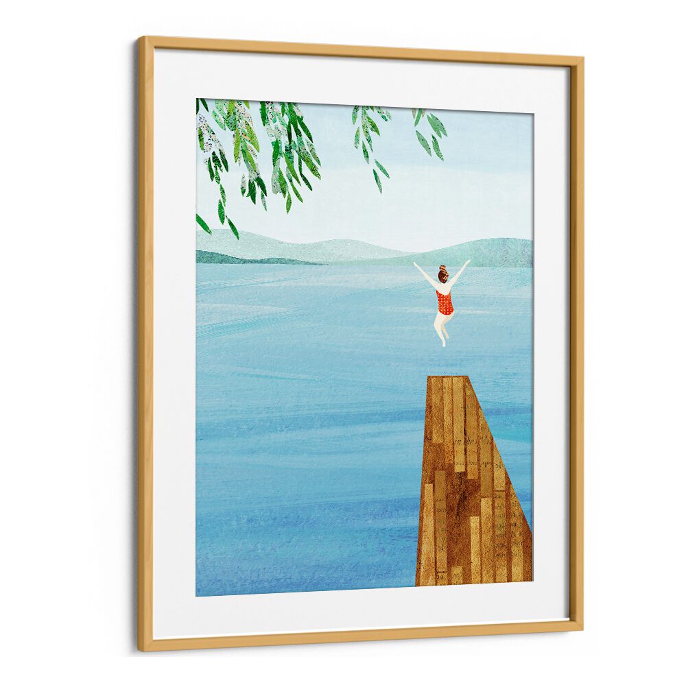 WILD, VIBRANT art print featuring a joyful figure diving into a serene blue lake, perfect for transforming your space.