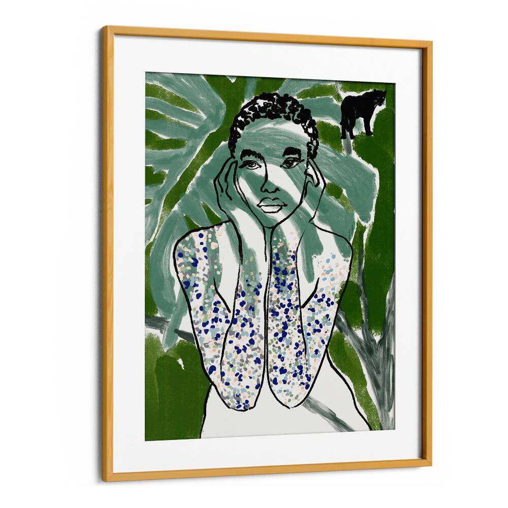 Vibrant artwork from JUNGLE ZONE, PORTRAITS featuring a figure amid lush green leaves, perfect for art enthusiasts.