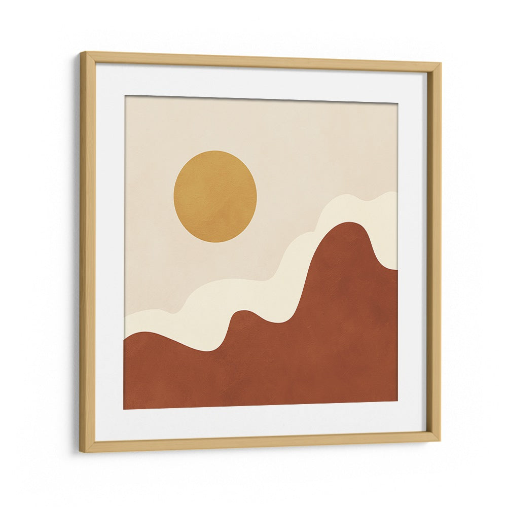 Stylized sun above curved shapes in earthy tones, perfect for bohemian decor. Shop STYLIZED SUN ABOVE CURVED, BOHO ART PAINTINGS.