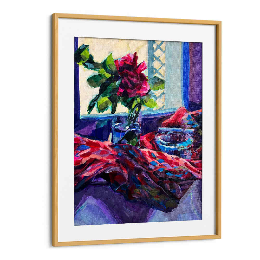 ROSE FRANÇAISE , FLORAL FLOWER PAINTINGS — Oakwood Mount framed vibrant rose on windowsill with draped cloth