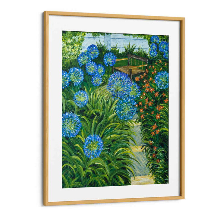 Vibrant PATHWAY, FLORAL FLOWER PAINTINGS showcasing blue flowers and lush greenery, perfect for enhancing your space.