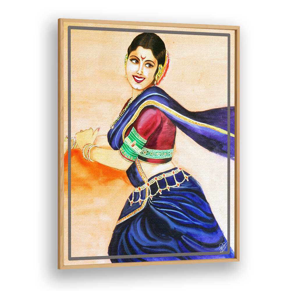 RHYTHM OF BEAUTY, INDIAN ART PAINTINGS showcases a joyful woman in a vibrant watercolor style, embodying grace and stillness.