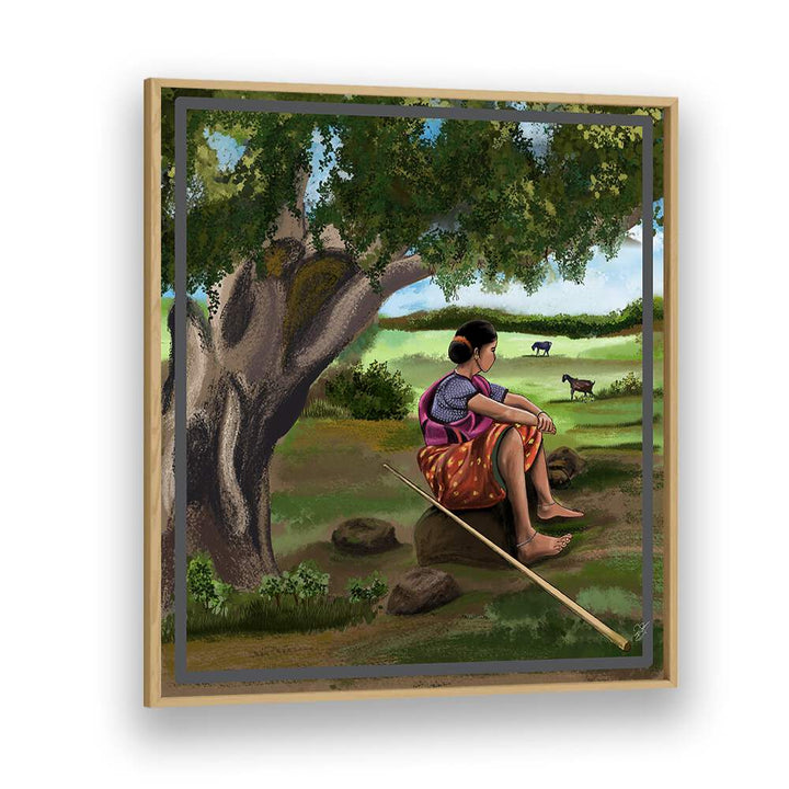 Serene “WHISPER OF THE MEADOWS, INDIAN ART PAINTINGS” depicting a woman reflecting under a tree's shade.