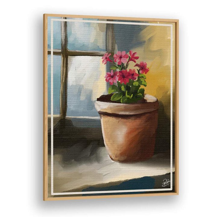 Vibrant blooms by the window in this serene Indian art painting, "BLOOM BY THE WINDOW, INDIAN ART PAINTINGS."