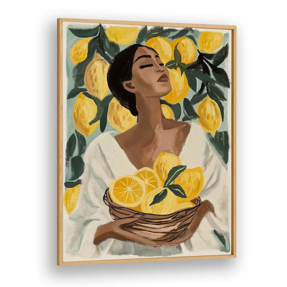 Radiant "LEMON TREE, PORTRAITS" art print showcasing a woman with lemons, perfect for adding Mediterranean charm.