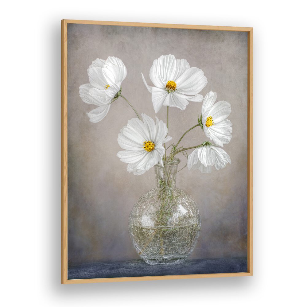Elegant SIMPLY COSMOS, FLORAL FLOWER PAINTINGS featuring white flowers in a glass vase, perfect for stylish decor.
