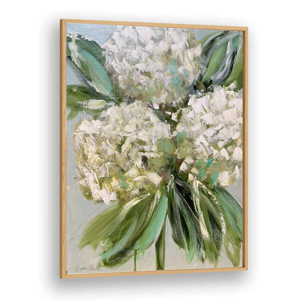Stunning WHITE HYDRANGEAS GREEN LEAVES, FLORAL FLOWER PAINTINGS showcase elegant botanical artistry for your space.