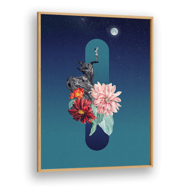 Surreal art print featuring a full moon, flowers, and a whimsical scene from OAKWOODPLAIN. Perfect for unique decor.