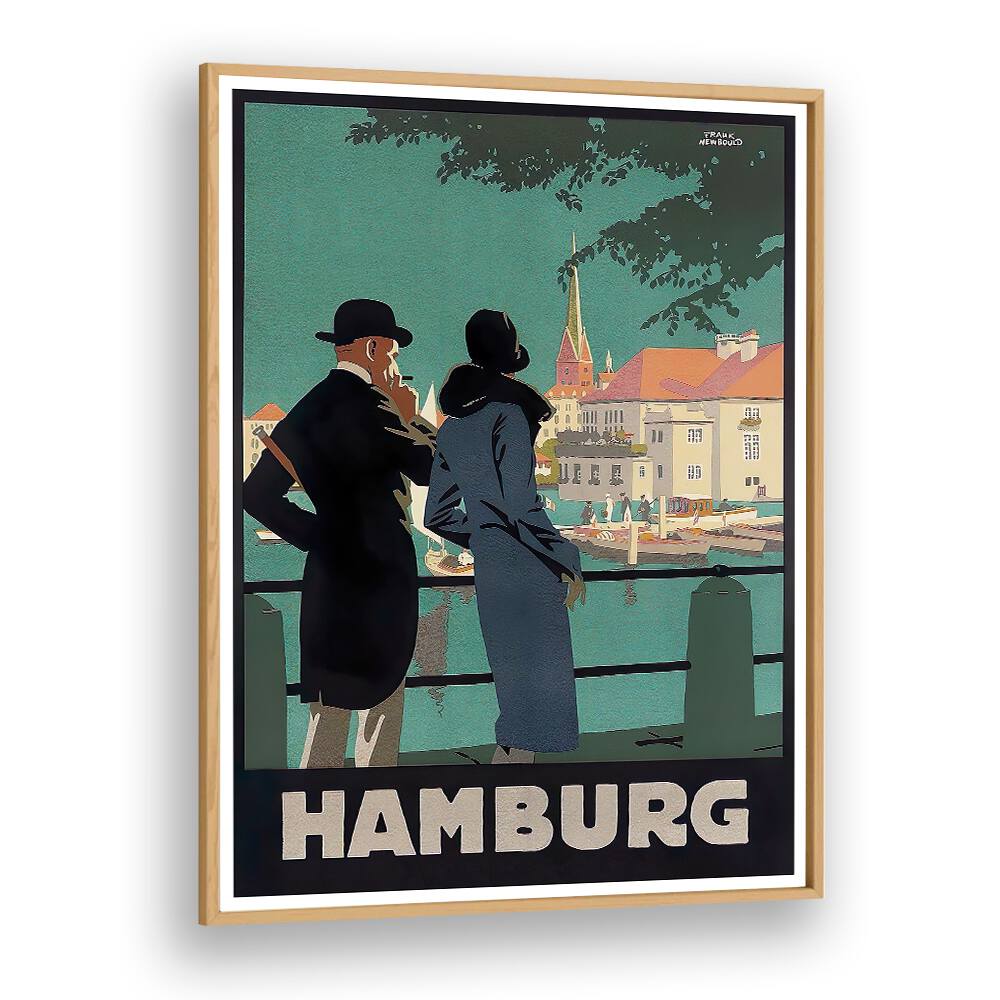 Stylish couple admiring the vibrant shores of Hamburg in HAMBURG I, VINTAGE TRAVEL POSTERS for your decor.