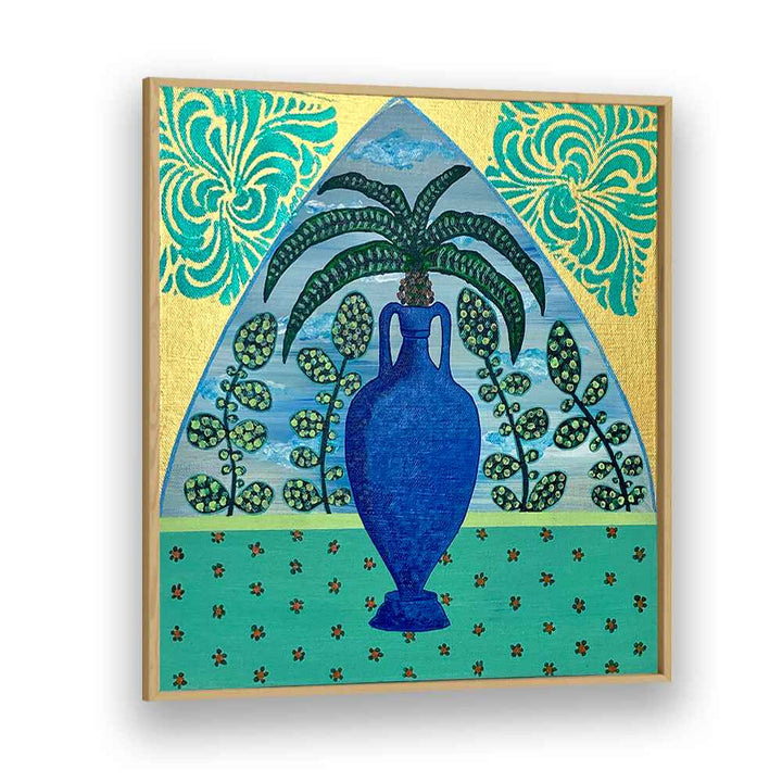 Bright blue vase with palm tree and floral patterns, perfect for tropical decor—PALM TREE, FLORAL FLOWER PAINTINGS.