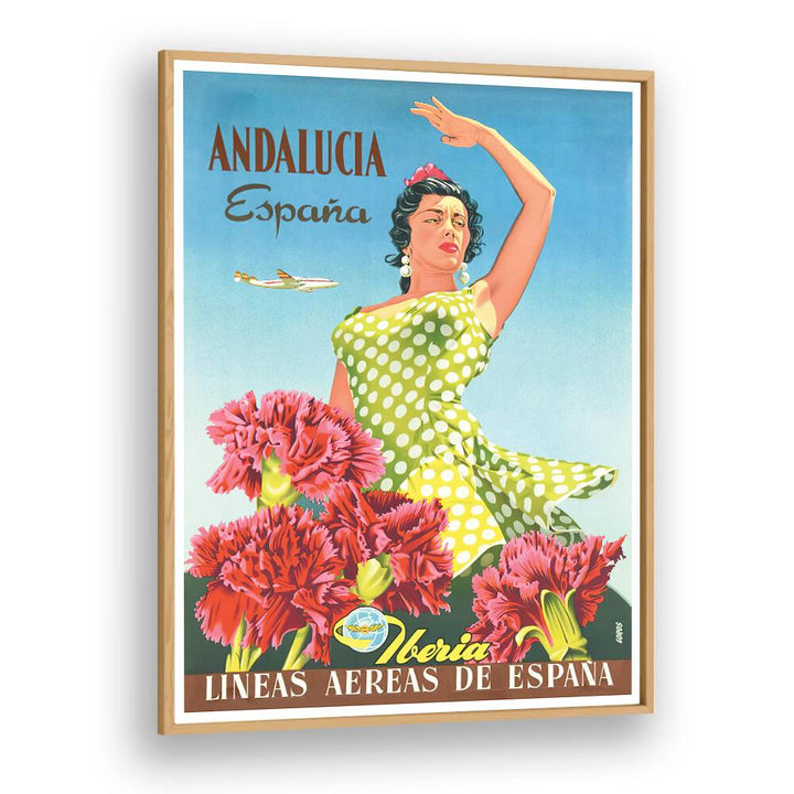 Vibrant ANDALUCIA ESPANA, VINTAGE TRAVEL POSTERS featuring a dancing woman and colorful flowers, perfect for decor.