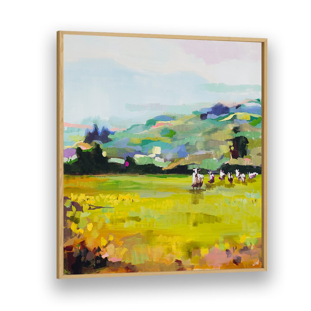 Vibrant PASTURE, LANDSCAPE PAINTINGS featuring abstract hills and grazing cows, perfect for adding tranquility to your space.