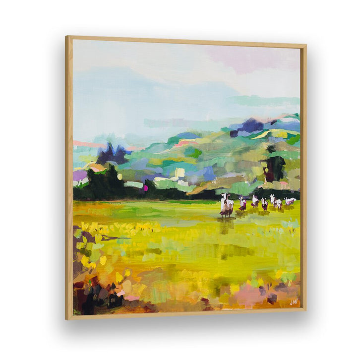 Vibrant PASTURE, LANDSCAPE PAINTINGS featuring abstract hills and grazing cows, perfect for adding tranquility to your space.