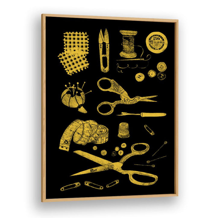 Stylish HABERDASHERY BLACK AND GOLD, FASHION POSTERS featuring sewing tools on a striking black background.