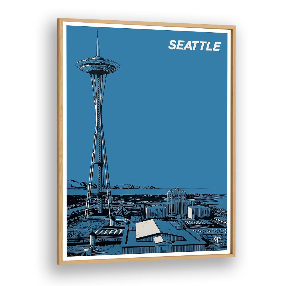 Seattle Vintage Travel Posters showcase the iconic Space Needle against a vibrant blue background, perfect for any decor.