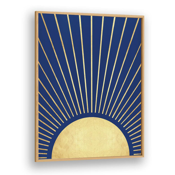 Golden sun rays burst from a navy background in SUN RAYS I, GEOMETRIC ART PRINTS, perfect for uplifting any space.