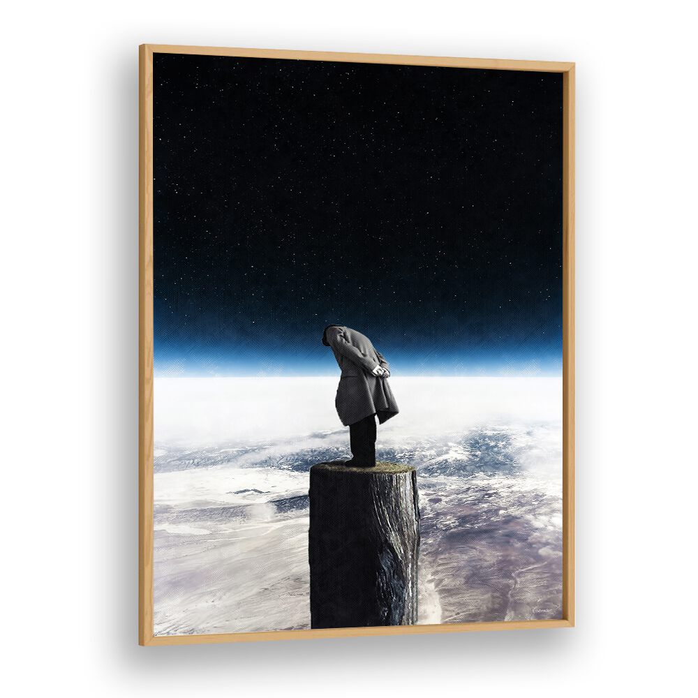 Surreal art print "I ALONE" by UNDERDOTT showcases a figure on a pedestal, inviting deep reflection. Perfect for art lovers.