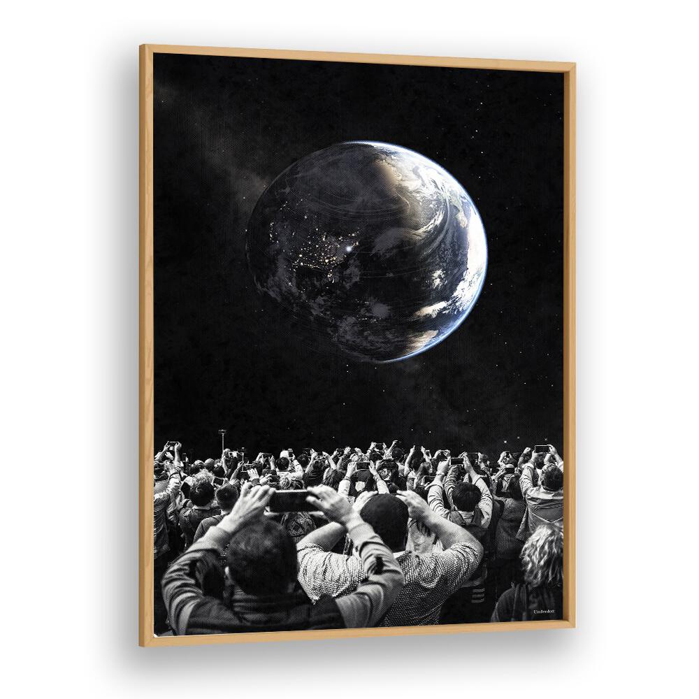 Stunning OBSERVERS, SURREAL ART PRINTS showcase a crowd captivated by a mesmerizing Earth in space by Underdott.
