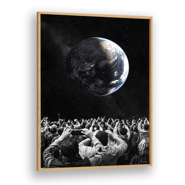 Stunning OBSERVERS, SURREAL ART PRINTS showcase a crowd captivated by a mesmerizing Earth in space by Underdott.