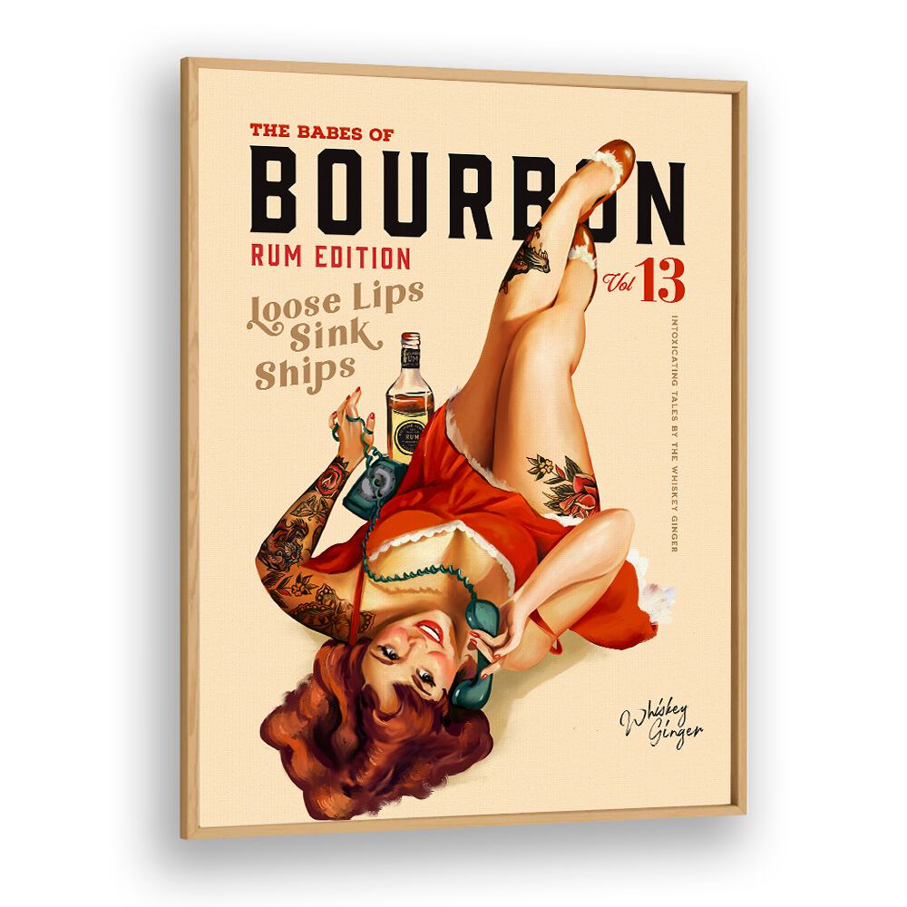 Retro pinup art featuring a woman drinking rum, perfect for a stylish bar decor, "Babes Drinking Rum, Bar."