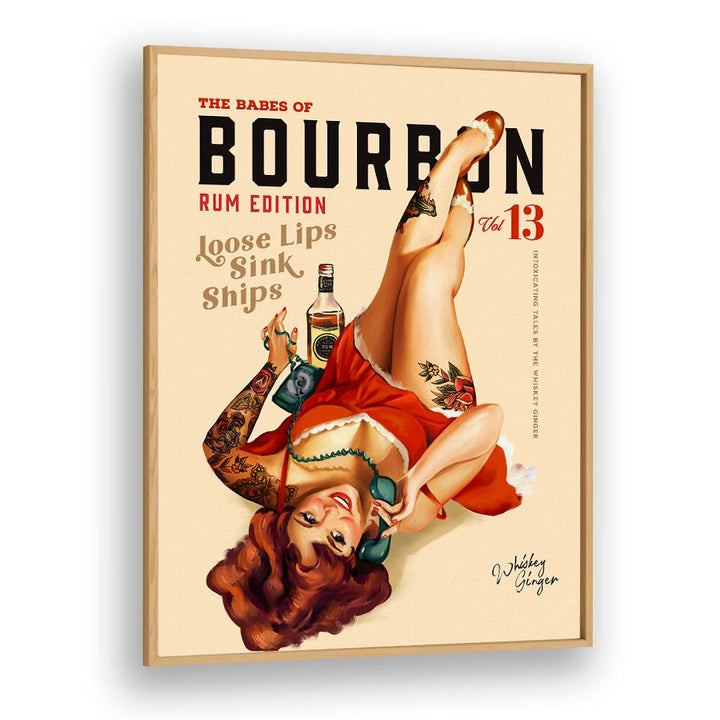 Retro pinup art featuring a woman drinking rum, perfect for a stylish bar decor, "Babes Drinking Rum, Bar."