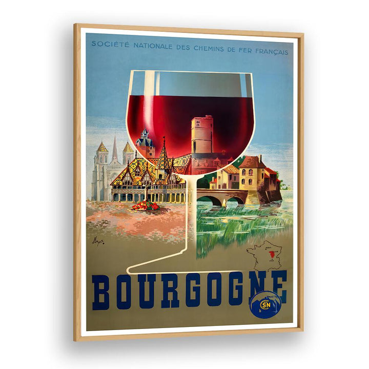 Stylish BOURGOGNE, VINTAGE TRAVEL POSTERS showcasing French vineyards and charming architecture in vibrant colors.